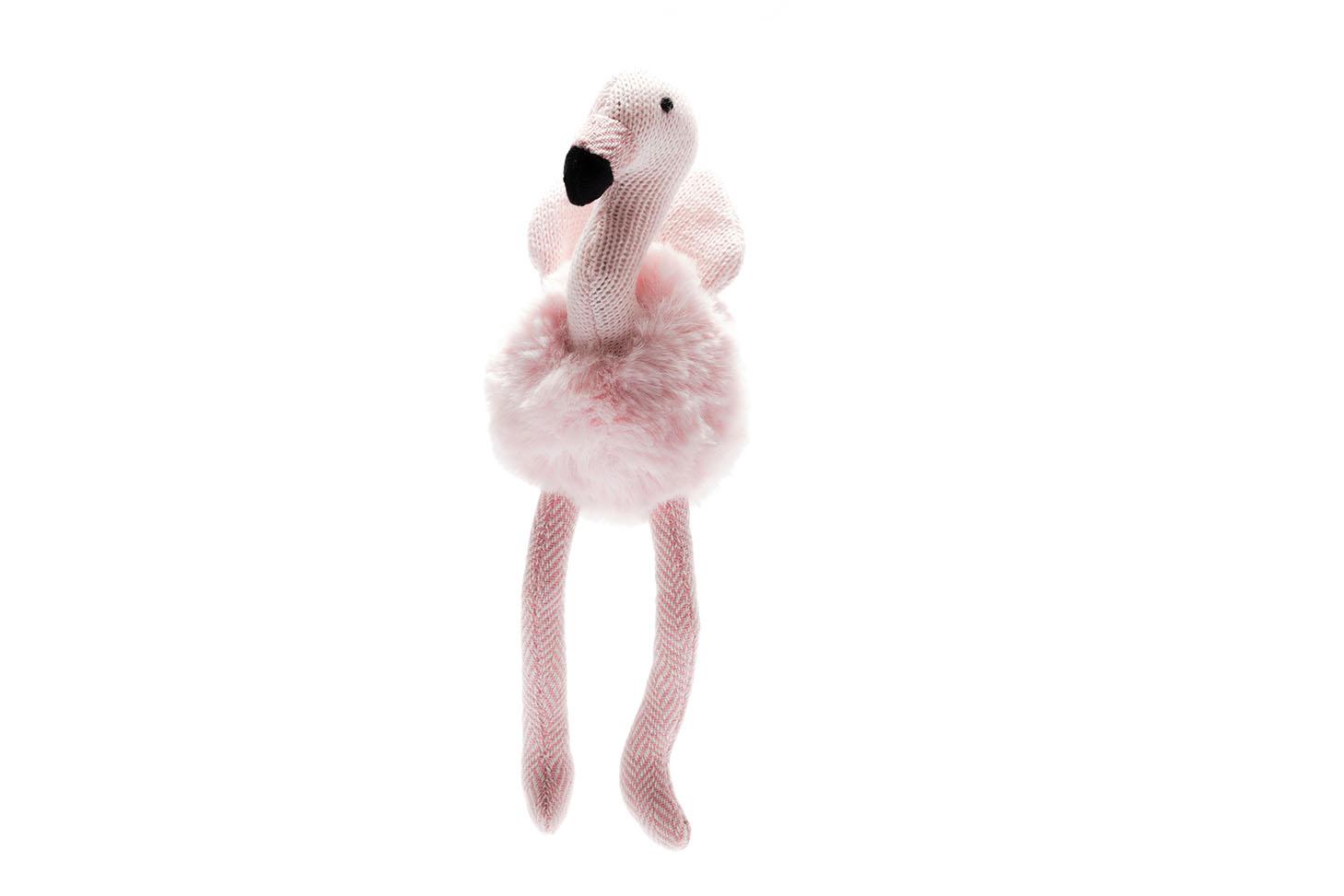 small pale pink fluffy flamingo baby toy with rattle